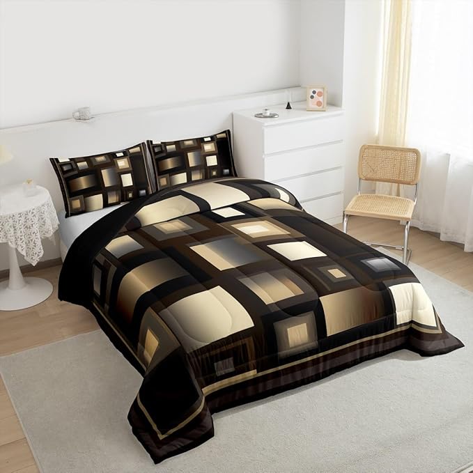 Castle Fairy Modern Comforter Set Queen Size,Brown White Khaki Square Bedding Set for Kids Boys Girls Bedroom Decoration,Abstract Grid Art Bed Duvet Insert,Geometric Comforter with 2 Pillowcase
