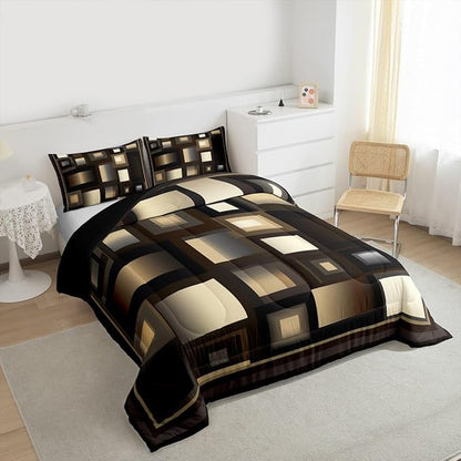 Castle Fairy Modern Comforter Set Queen Size,Brown White Khaki Square Bedding Set for Kids Boys Girls Bedroom Decoration,Abstract Grid Art Bed Duvet Insert,Geometric Comforter with 2 Pillowcase