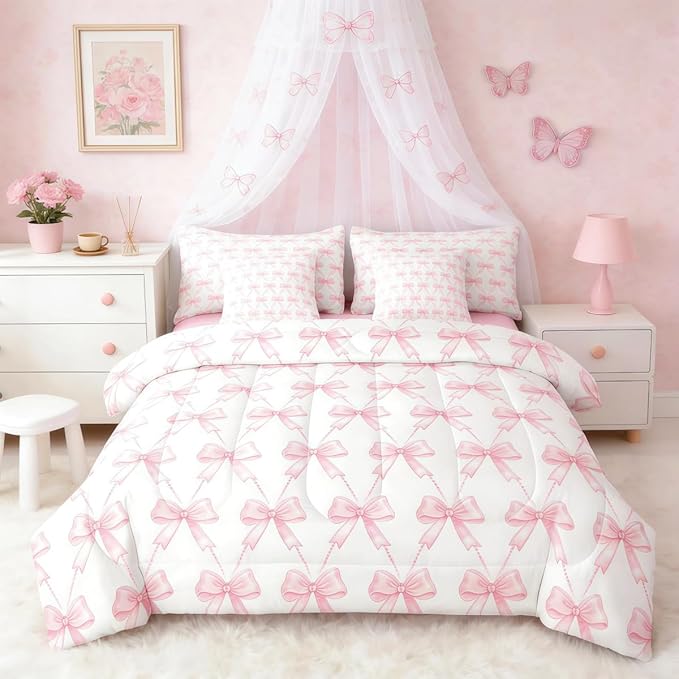 Feelyou Cute Pink Bow Comforter Set King Size, Pink Girls Bow 7 Pcs Bedding Set for Kids, Dreamy Bowknot Princess Bed in a Bag, Bed Sheet Sets with Fitted Sheet Pillowcases for Bedroom Bed Decor