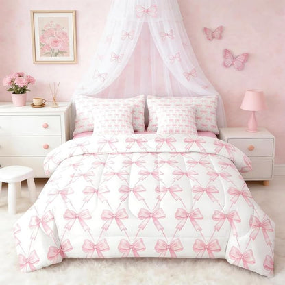 Feelyou Cute Pink Bow Comforter Set King Size, Pink Girls Bow 7 Pcs Bedding Set for Kids, Dreamy Bowknot Princess Bed in a Bag, Bed Sheet Sets with Fitted Sheet Pillowcases for Bedroom Bed Decor