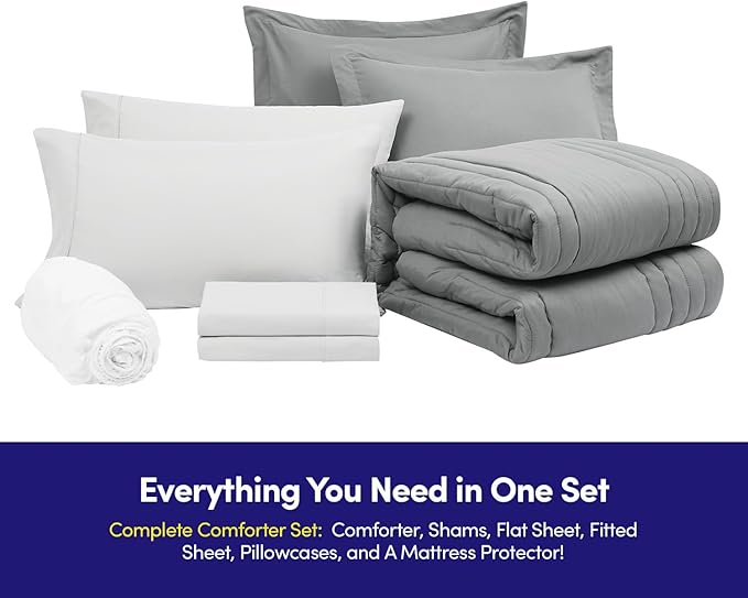Queen Comforter Set Quilted Stripe Bedding Bundle – Stylish Set with Comforter, Mattress Protector, Sheet Set & Pillow Shams — Sophisticated Striped Design for Home & Guest Rooms, Gray/Silver