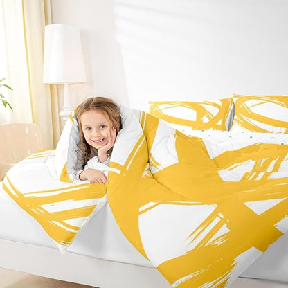 Erosebridal Yellow and White Abstarct Toddler Bedding Set,Aesthetic Geometric Comforter Set for Minimalists,Graffiti Stripes Lines Quilt,Contemporary Boho Modern Art Duvet Insert for Minimalism