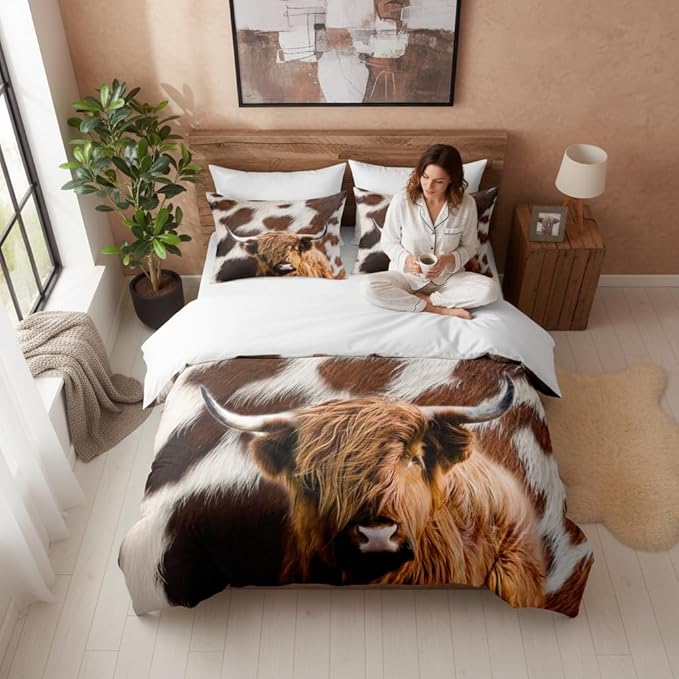 Cow Bedding Comforter Set King Size,Brown Western Qulited Comforter for Adult Men Bedroom Decor,3 Pcs 2 Pillowcases/104 * 90