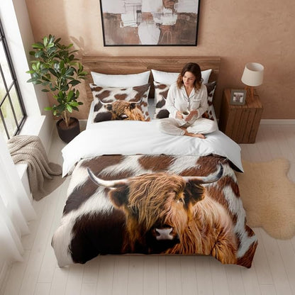 Highland Cow Comforter Set Full Size, Brown Rustic Bedding Set for Boys Girls,3 Pieces Soft Fluffy Microfiber Bed Set with 2 Pillowcases/79 * 90