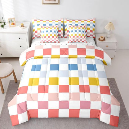 Multicolored Checkered Retro Comforter Set With Sheets 7 Piece Queen Size Geometric Cute Bed in a Bag Kids Boys Girls Colorful Bedding Set Modern Groovy Aesthetic Bedroom Decor Breathable Soft