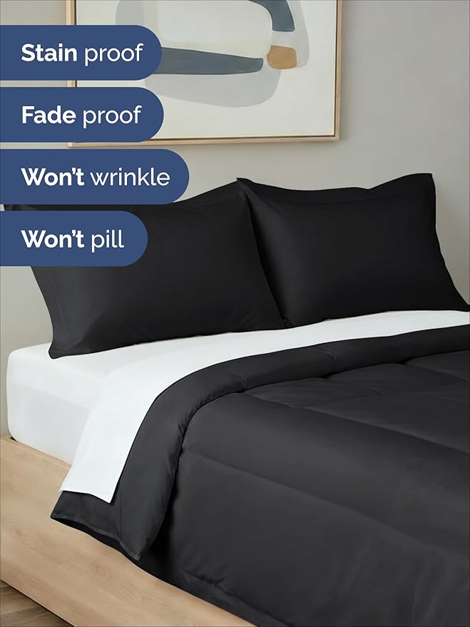 Queen Comforter Set - 3 Piece Bed Set for All Seasons - 1 Soft Quilted Comforter w/ Corner Tabs & 2 Pillow Shams - Comfy, Cozy & Breathable - Premium Down Duvet Insert - Oeko-TEX - Queen Size, Black