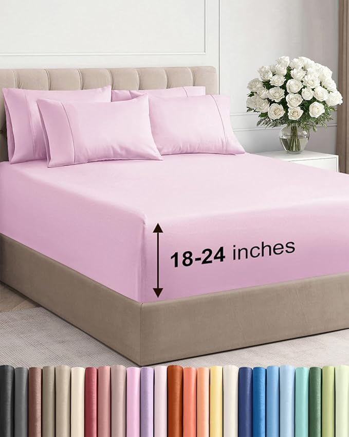 Extra Deep King Sheet Set - 6 Piece Breathable and Cooling Sheets - Hotel Luxury Bedding for Women, Men, Kids & Teens - Easy & Secure Fit - Soft, Wrinkle Free & Comfy - Extra Deep Pockets - Light Pink