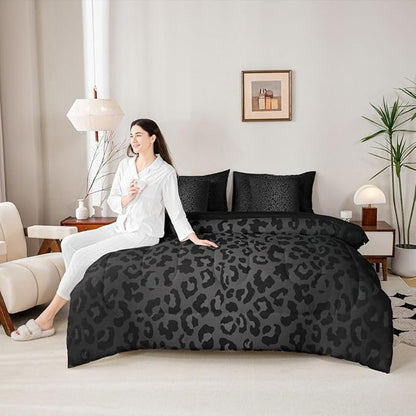 Erosebridal Black Ombre Grey Leopard Print King 7-Piece Comforter Set | Animal Skin Pattern Sheets and Pillowcases Women Men Adults Bed in A Bag Cheetah Fur Bed Sets