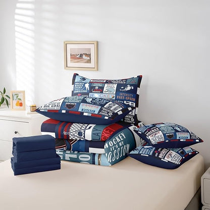 Erosebridal Kids 7 Pcs Teal Patchwork Bed in a Bag Queen Comforter Set,Ice Hockey Sheet Set for Boys Teens Men,Navy Blue Sports Game Bedding with Comforter,Vintage Geometric Striped Quilt Cover