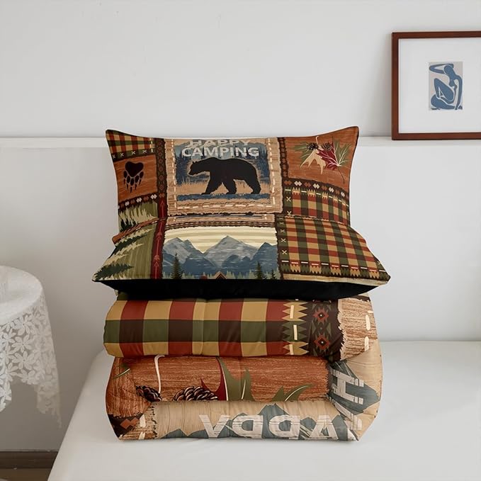 Erosebridal Camping Comforter Set King,Camper RV Bedding Set for Kids Boys Girls,Vintage Wood Bedding Comforter Sets Cabin Bedroom Decor,Jungle Tree Animal Bed Sets with 2 Pillowcases