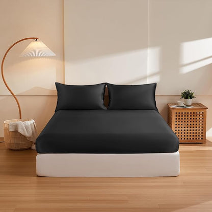 THXSILK 6A+ Top Grade 100% Pure Mulberry Silk Full Fitted Sheet 3Pcs Set Bed Sheets Luxury Bedding for Hair and Skin Breathable Cooling Natural Materials, 1 Fitted Sheet with 2 Pillowcases, Black