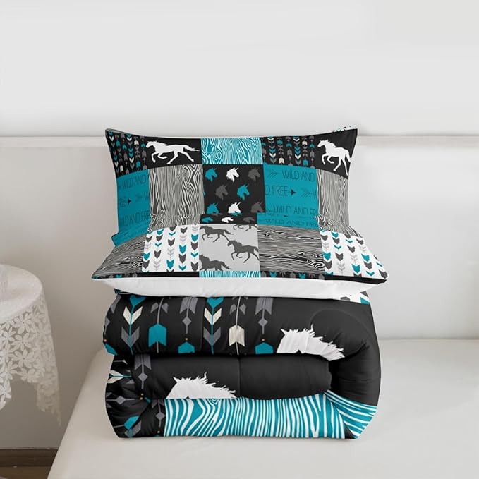 Horse Comforter Set King Size Patchwork Teal Unicorn Bedding Set For Kids Boys Girls Black Gray Wild Horses Wood Grain Down Comforter Geometric Lattice Arrow Grid Animal Room Decor Duvet Set