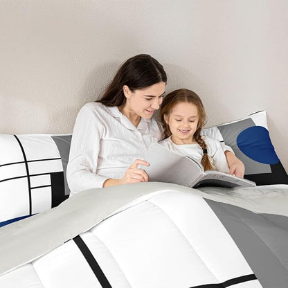 Erosebridal White Black Blue Striped Twin Bedding Sets for Adult Women Men Boho Modern Geometric Abstract Comforter Set Stripes Lines Quilt Set Minimalist Square and Circle Bed Collections