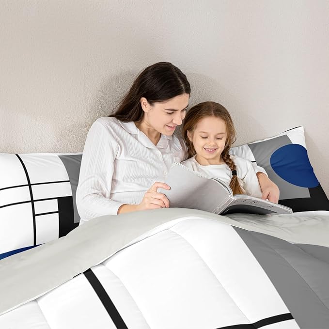 Erosebridal White Black Blue Striped Bedding Set Full Size Boho Modern Geometric Abstract Comforter Set for Adult Women Men Stripes Lines Bed Sets Minimalist Square and Circle Quilt Sets