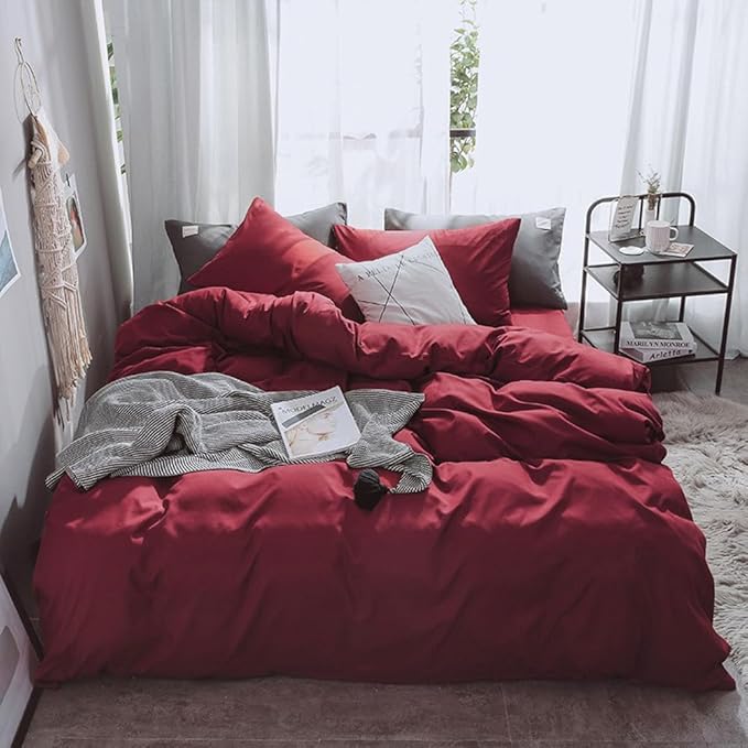 Pureant Burgundy Comforter Sets Queen Size Wine Red Bedding Comforters Solid Dark Color Quilts Cotton Women Girls Luxurious Plain Claret Red Comforter Soft Crimson Bedding Noble Bordeaux Bed