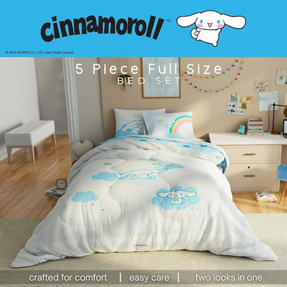 Cinnamoroll Bedding - 5 Piece Full Size Bed Set - Super Soft Microfiber Comforter and Sheet Set, (Officially Licensed Product) by Franco Collectibles