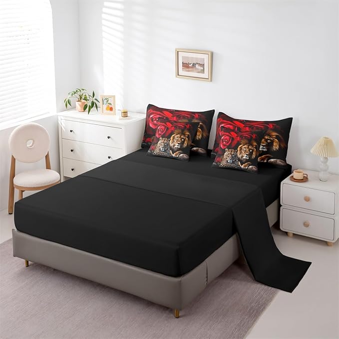 Feelyou Lion Tiger Comforter Set King Size 7 Pieces Girls Rose Floral Wild Animal Bed in a Bag Kids Romantic Flower Bedding Set Wildlife Bed Set with Comforter, Sheet Set, Pillowcases, Pillow Covers