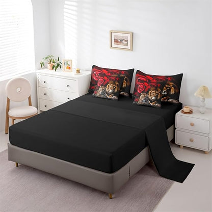 Feelyou Lion Tiger Comforter Set King Size 7 Pieces Girls Rose Floral Wild Animal Bed in a Bag Kids Romantic Flower Bedding Set Wildlife Bed Set with Comforter, Sheet Set, Pillowcases, Pillow Covers