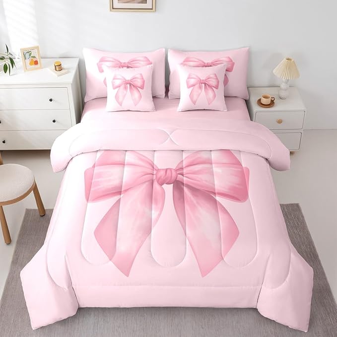 Feelyou Pink Bow Comforter Set Queen Size 7 Pieces Cute Bowknot Bedding Set for Kids Boys Girls Pricess Style Bed in a Bag with Comforter, Sheets, Pillowcases, Cushion Covers Kawaii Bedroom Decor