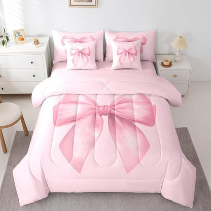 Feelyou Pink Bow Comforter Set Full Size 7 Pieces Cute Bowknot Bedding Set for Kids Boys Girls Pricess Style Bed in a Bag with Comforter, Sheets, Pillowcases, Cushion Covers Kawaii Bedroom Decor