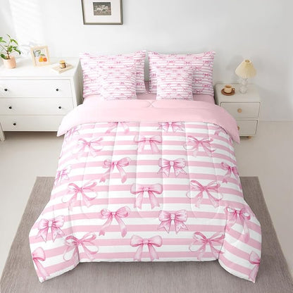 Erosebridal Bowknot Pink Bow Stripe Girly King 7-Piece Comforter Set | Dreamy White Geometric Sheets and Pillowcases Ribbon Cute Kawaii Bed in A Bag Kids Teens Women Bed Sets