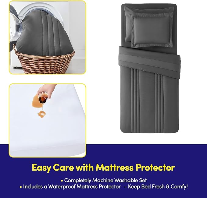 Twin XL Comforter Set College Dorm Bedding Bundle (Twin XL) – Dorm Upgrade with Comforter, Mattress Protector, Sheet Set & Pillow Sham — Stylish Quilted Stripe for Students & Shared Rooms, Charcoal