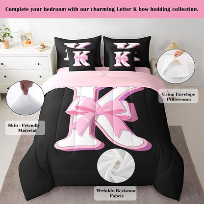 jejeloiu Kids Girls Black Pink Bow Comforter Set with Sheets Queen Size Monogrammed 7 Piece Bedding Set Personalized Initial K Bed in a Bag with Comforter,Sheets,Pillowcases Modern Fashion Bed Set