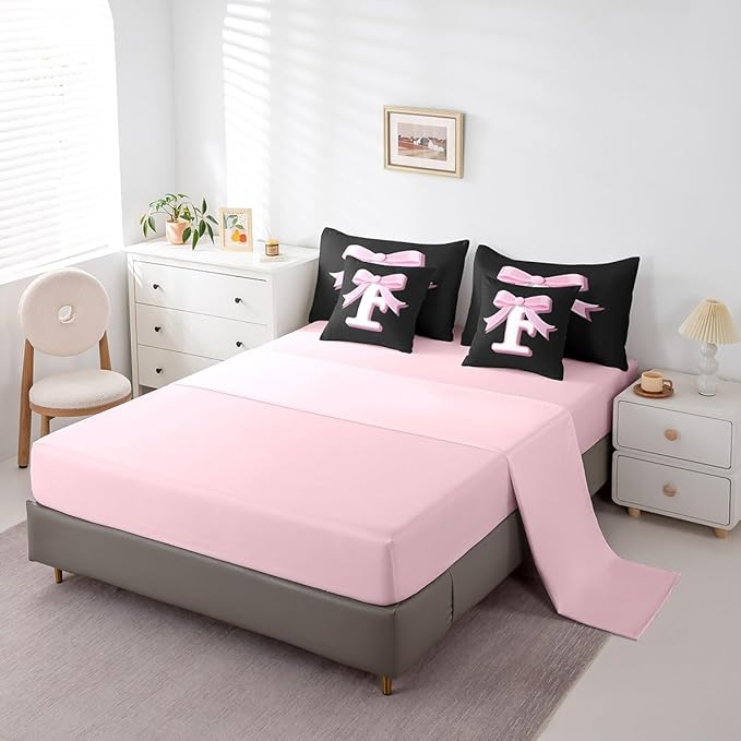 jejeloiu Kids Girls Black Pink Bow Comforter Set with Sheets Full Size Monogrammed 7 Piece Bedding Set Personalized Initial F Bed in a Bag with Comforter,Sheets,Pillowcases Modern Fashion Bed Set