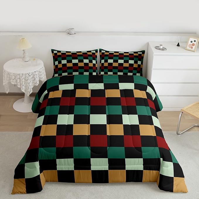 Checkered Retro Comforter Set Queen Size Green Red Yellow Plaid Bedding Set for Kids Boys Girls Geometric Vintage Duvet Quilt Modern Simple Groovy Aesthetic Bedroom Decor 3 Pcs with 2 Pillow Cases