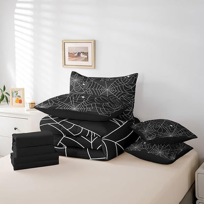 Feelyou Spider Web Comforter Set Queen Size 7 Pcs Halloween Spider Comforter Bed in a Bag Black White Bedding Set for Boys Girls Teens Gothic Bed Set with Sheets, Pillowcases, Pillow Covers