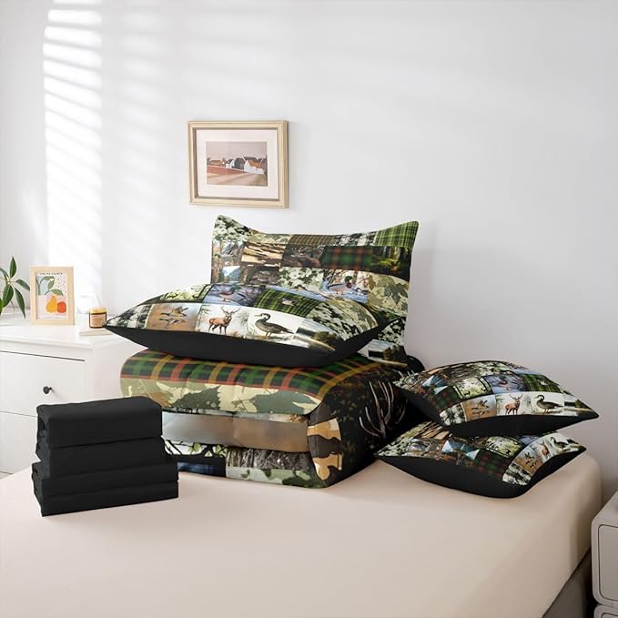 Erosebridal Cabin Rustic Bed in a Bag King Size Comforter Set 7-Piece | Deer Mallard Duck Bedding Sets Mens Camo Hunting Comforter and Sheet Set, Woodland Animals Farmhouse Room Decor,Country Decor