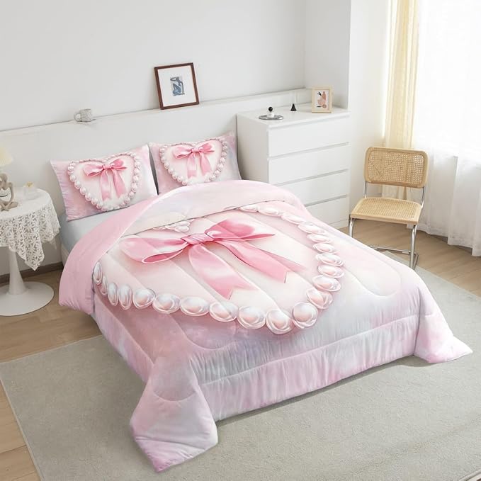 jejeloiu Girls Silk Bow Bedding Set Toddle Size Pink Pearl Comforter Set for Kids Women Princess Style Duvet Set Pink Ombre Quilt Set 2Pcs