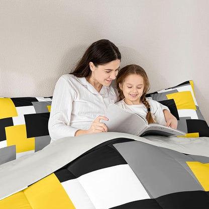 Castle Fairy Yellow Black Grey Comforter Set Toddler Size,Geometric Square Splicing Bedding Set for Kids Teens Bedroom,Modern Abstract Down Comforter,2 Pcs 1 Pillowcase