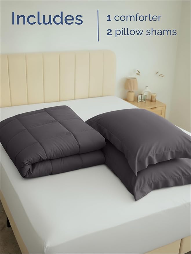 King Comforter Set - 3 Piece Bed Set for All Seasons - 1 Soft Quilted Comforter w/ Corner Tabs & 2 Pillow Shams - Comfy, Cozy & Breathable - Premium Down Duvet Insert - Oeko-TEX - King Size, Dark Grey
