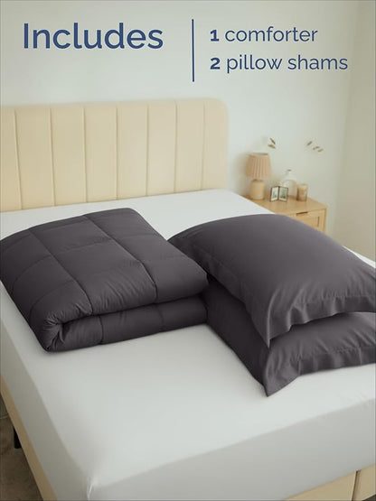 King Comforter Set - 3 Piece Bed Set for All Seasons - 1 Soft Quilted Comforter w/ Corner Tabs & 2 Pillow Shams - Comfy, Cozy & Breathable - Premium Down Duvet Insert - Oeko-TEX - King Size, Dark Grey