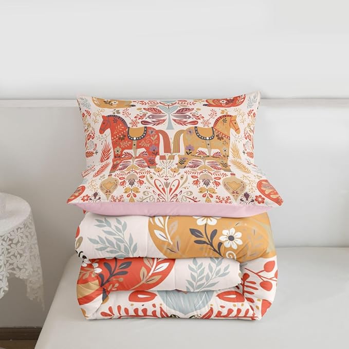 Flower Horse Comforter Set Twin Size,Rustic Farmhouse Bedding Sets 2Pcs for Kids Girls Boys Women Room Decor,Boho Squirrel Bird Quilted Duvet Xmas Bells Snowflake Down Comforter,1 Pillowcase