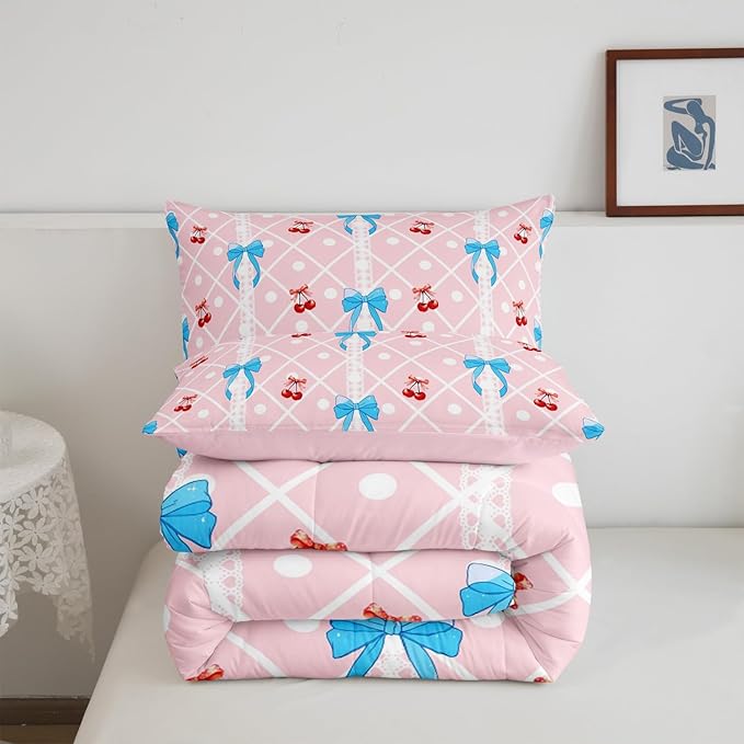 Feelyou Girls Bow Comforter Set Queen Size Cute Bowknot Bedding Set for Boys Teens Decor Kawaii Cherry Comforter Stripes Duvet Set Bedroom Blue Bow Quilt Set 3Pcs
