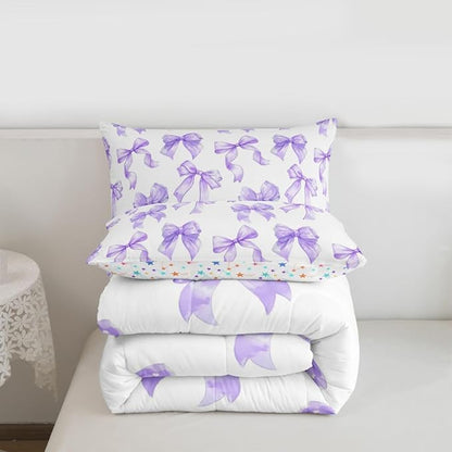 Erosebridal Purple Bowknot Girls King Bedding Set Dreamy Princess Bow Comforter Set Cute Kawaii Ribbon Bow Bedding Comforter Sets for Kids Teen Women Bedroom,Fantasy Coquette Bowknot Bed Set