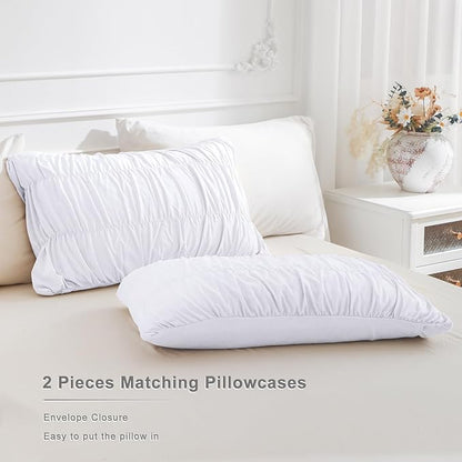 Masaca Oversized King Comforter 128x120,White Ruched Ruffle Bedding Comforter,3 Pieces Vintage Farmhouse Lightweight and Soft Shabby Farmhouse Chic Bedding Set for All Season