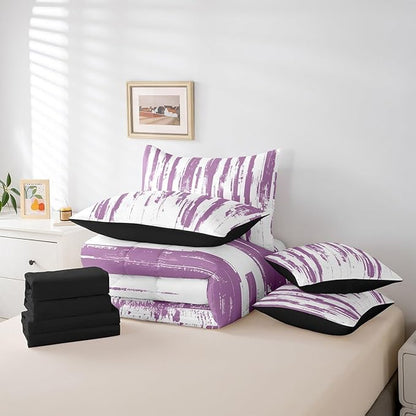 Erosebridal 7Pcs Violet Purple Comforter Set Twin,Lavender Abstract Art Aesthetic Striped Bed in A Bag for Teens Adults,Ink Painting Graffiti Watercolor Quilt,Vintage Gradient Ombre Modern Bedding
