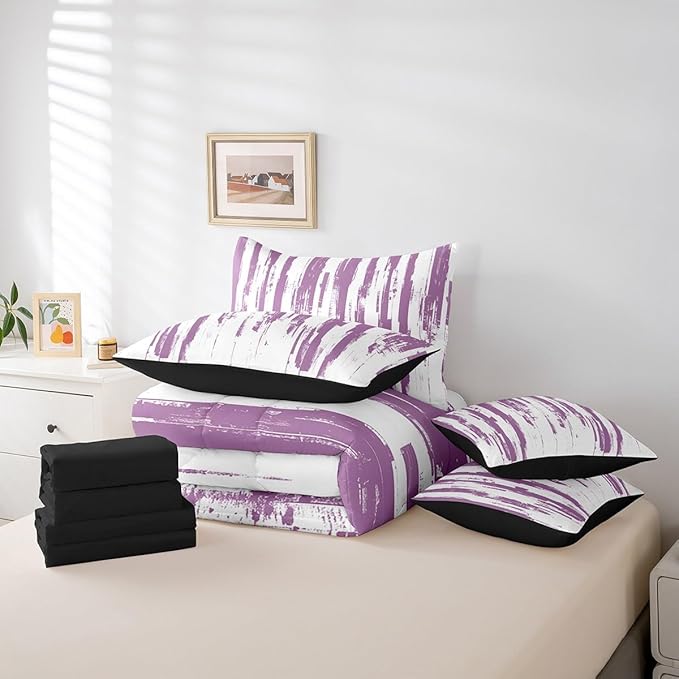 Erosebridal 7Pcs Violet Purple Comforter Set Queen,Lavender Abstract Art Aesthetic Striped Bed in A Bag for Teens Adults,Ink Painting Graffiti Watercolor Quilt,Vintage Gradient Ombre Modern Bedding