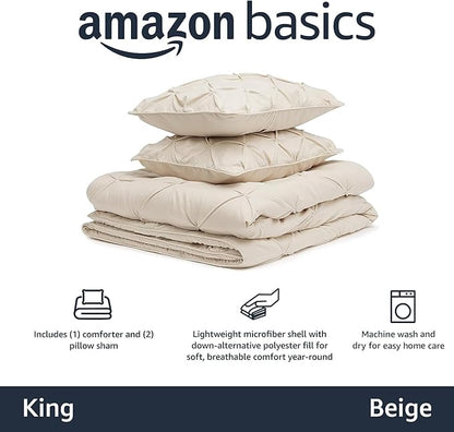 Amazon Basics All-Season Down-Alternative 3-Piece Comforter Bedding Set, Soft Lightweight Microfiber, Pinch Pleat Design, King, Beige