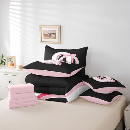 jejeloiu Kawaii Pink Bow King Comforter Set with Sheets,Gifts for Women Teen Girl,Personalized Initial Letter 7 Piece Bedding Set,Soft Monogrammed Bed in a Bag with Comforter,Sheets,Pillowcases