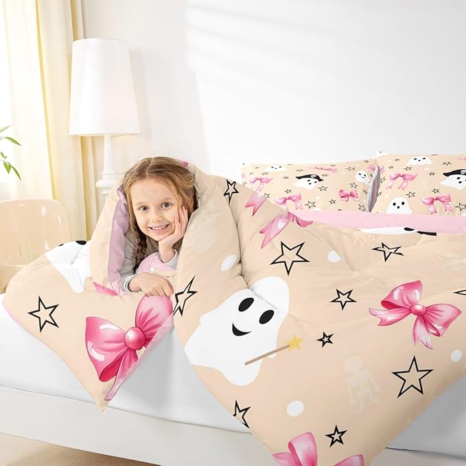 Erosebridal Halloween Ghost Comforter Set Twin, Pink Bows Bedding Set, Halloween Decor Kawaii Bowknot Comforter, White Polka Dotstar Star Quilt with 1 Pillowcase for Kids Girls Women