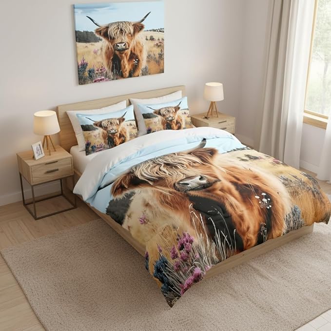 Highland Cow Comforter Set Queen Size,Farmhouse Bedding Set for Women Men,3 Pcs Warm Microfiber Quilt Set with 2 Pillowcases/90 * 90