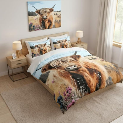 Highland Cow Comforter Set Full Size,Rustic Bedding Set for Children,Hoilday Decor Down Alternative Comforter with 2 Pillowcases/79 * 90