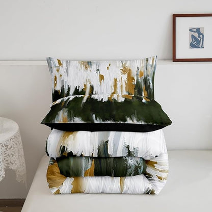 Ombre Watercolor Comforter Set Full Olive Green Bedding Set Brush Strokes Stripe Bedding Comforter Sets Contemporary Aesthetic Duvet Set Modern Graffiti Oil Painting Quilted Comforter Microfiber 3pcs