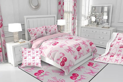 Erosebridal Pink Plaid Bow Bedding Comforter Sets King Cute Bowknot Comforter Set Girls Grids Ribbon Bow Cherry Bedding Set Kawaii Watercolor Duvet Insert for Kids Teen Women Room Decor 3 Pcs