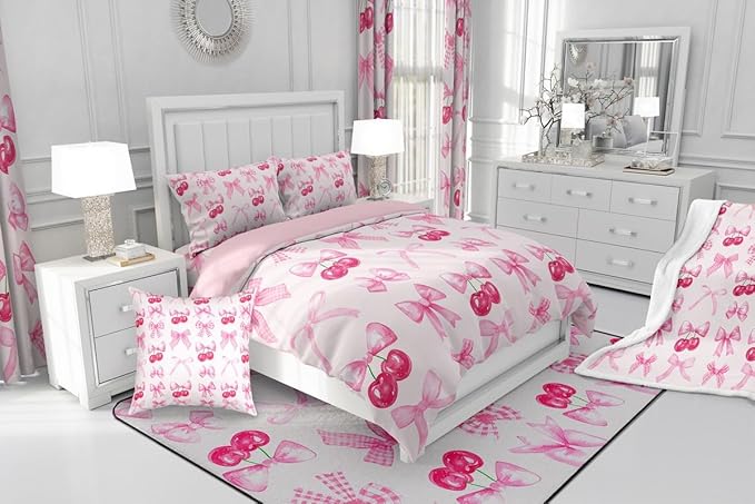 Erosebridal Pink Plaid Bow Bedding Comforter Sets Twin Cute Bowknot Comforter Set Girls Grids Ribbon Bow Cherry Bedding Set Kawaii Watercolor Duvet Insert for Kids Teen Women Room Decor 2 Pcs