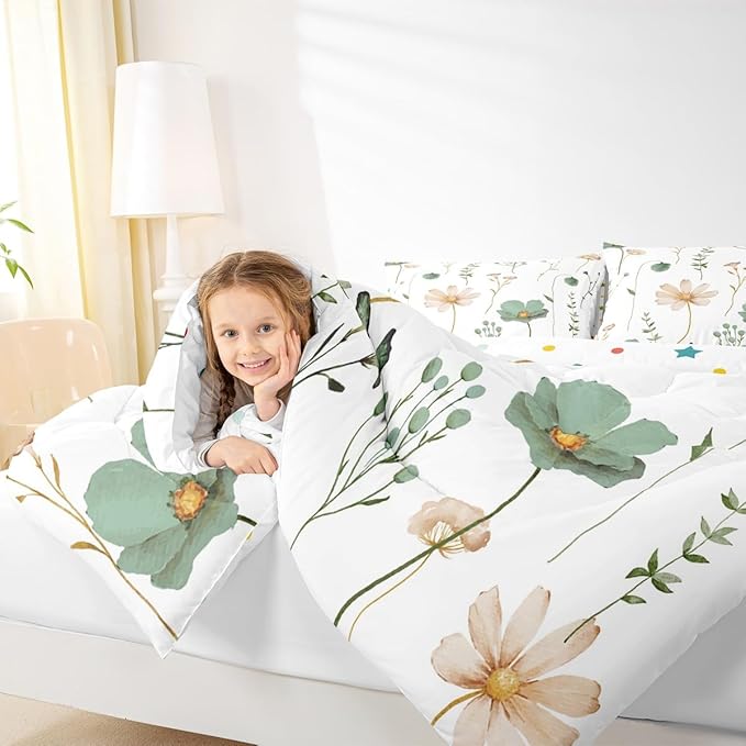 Erosebridal Watercolor Floral Comforter Set Queen, Sage Green Beige Flower Bedding Set for Girls Teens Adult Women Bedroom, Modern Minimalist White Down Comforter Pastoral Branches Aesthetic Quilt